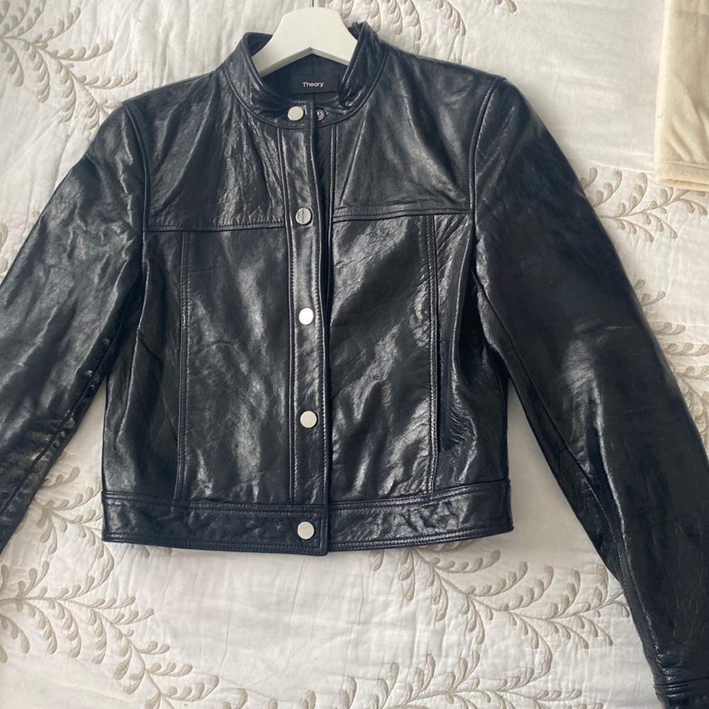 Theory patent leather crop jacket
